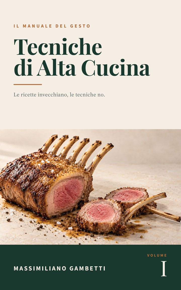Copertina di Tecniche di Alta Cucina, Volume primo: carré d'agnello scottato su fondo verde scuro.