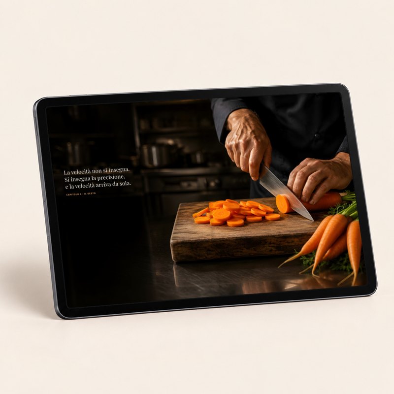 Il volume I di Tecniche di Alta Cucina in PDF su tablet: la doppia fotografica del capitolo uno